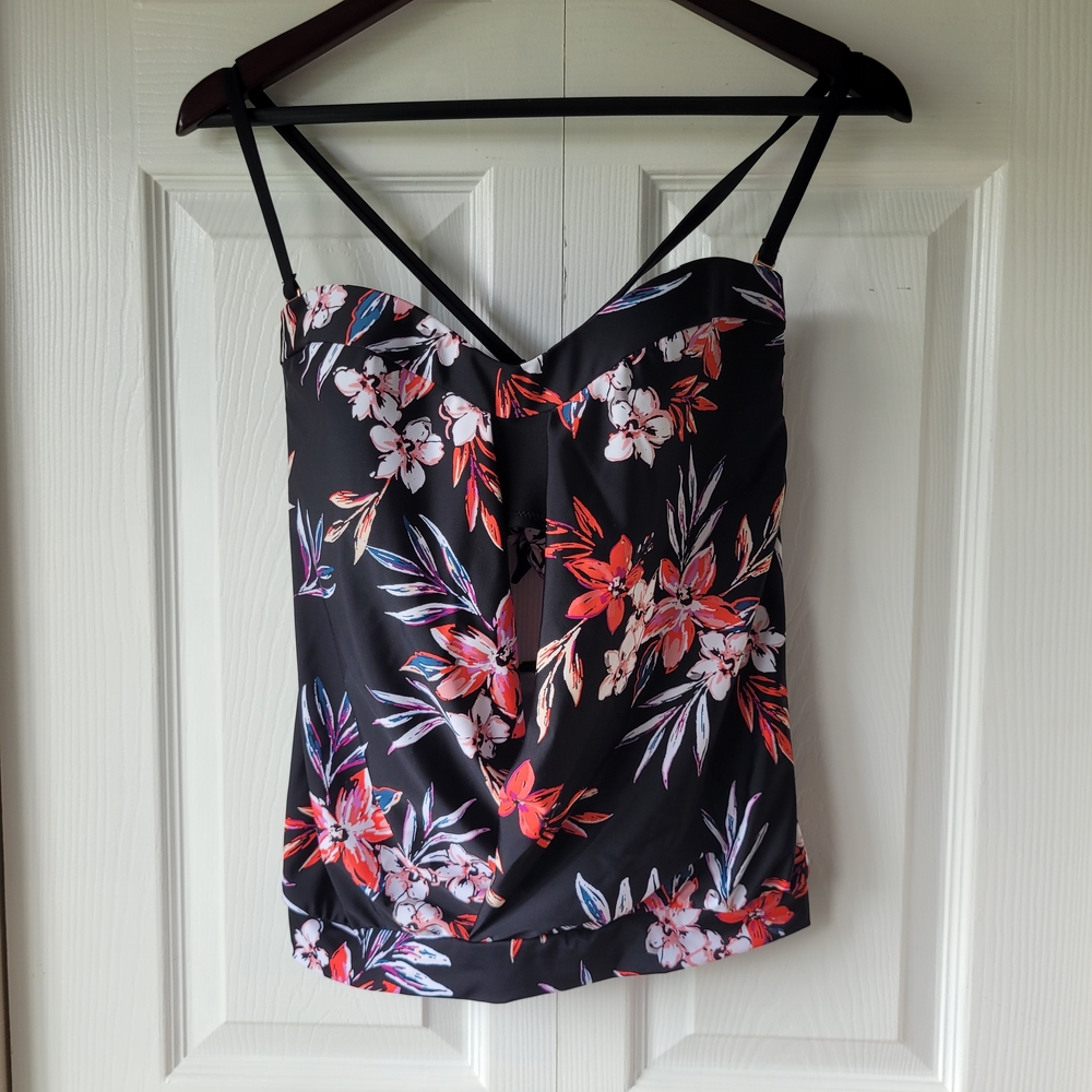 Bar III Tankini Black Floral Swim Suit Top XL Cruise Resortwear Slimming